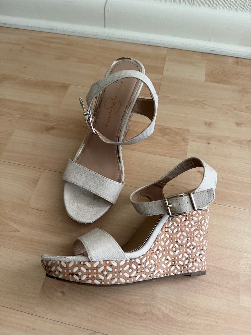 Jessica Simpson Neutral Cream Wedge Sandals with Patterned Platform
